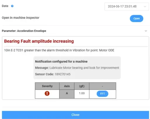 Notificaciones de alarma por correo electrónico de EI-Analytic™ enviadas meses antes de la falla del rodamiento, proporcionando advertencia temprana para planificar el cambio programado del motor DC