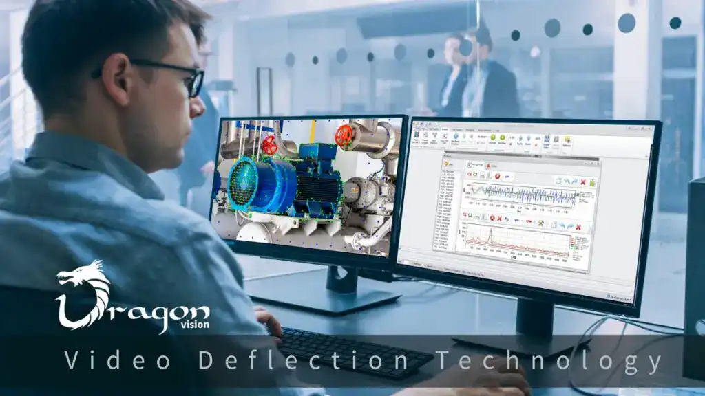 Computerbildschirm mit Dragon Vision® Video-Ablenkungssoftware zur Analyse von Maschinenschwingungen