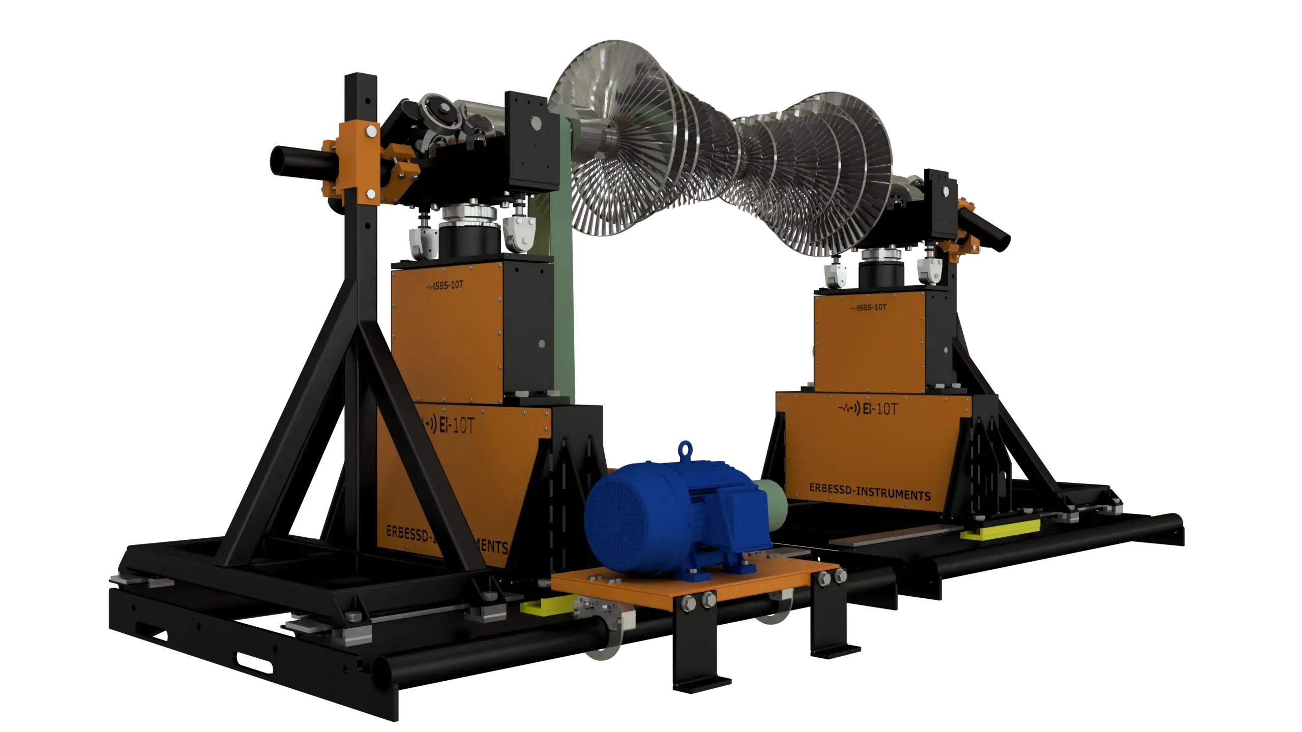 Máquina balanceadora EI-10T con un rotor de turbina montado sobre sus dos soportes soft bearing y el motor de accionamiento al frente