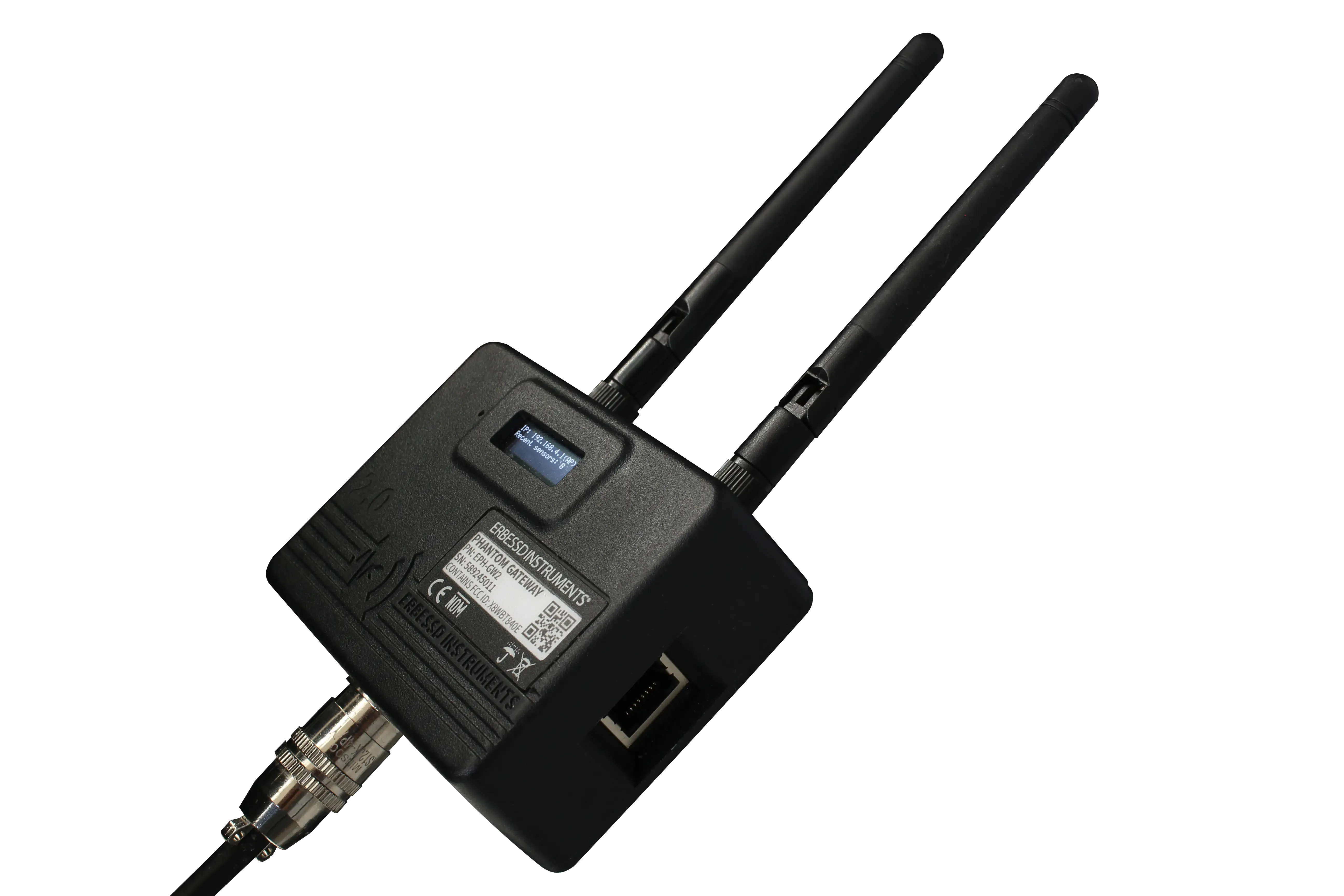 The PHANTOM Gateway 2.0, a black industrial enclosure with antenna and Ethernet ports, photographed from the front and side.