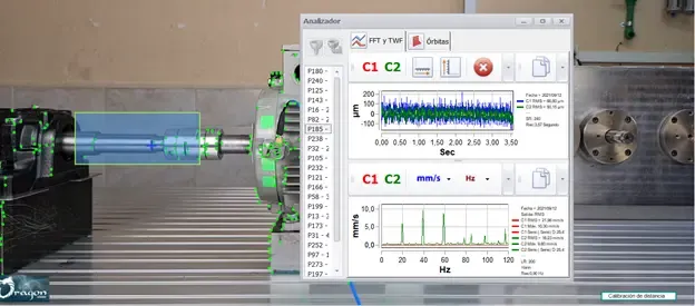 Dragon Vision®-Registerkarte Analysis mit TWF-Wellenform und FFT-Schwingungsspektrum nach der Verarbeitung eines 3-Sekunden-Videos mit 240 fps des GIDTEC-Schwingungsprüfstands