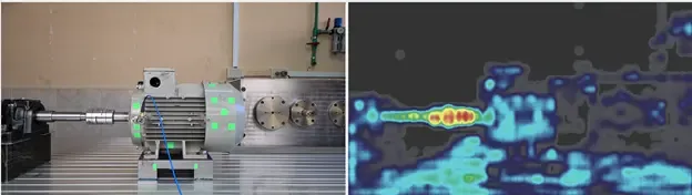 Bewegungserkennungssimulation in Dragon Vision®, die die Zone mit der größten Verschiebung am GIDTEC-Schwingungsprüfstand hervorhebt, um den Bewegungspunkt für die Analyse des Fehler-Schwingungsspektrums zu lokalisieren