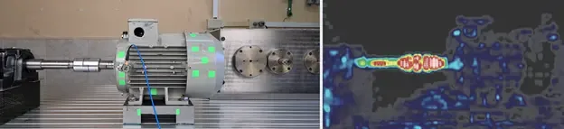 Dragon Vision®-Bewegungserkennungsausgabe mit Verschiebungszonen am GIDTEC-Schwingungsprüfstand zur Bestimmung des mit dem erkannten mechanischen Fehler verbundenen Schwingungsspektrums