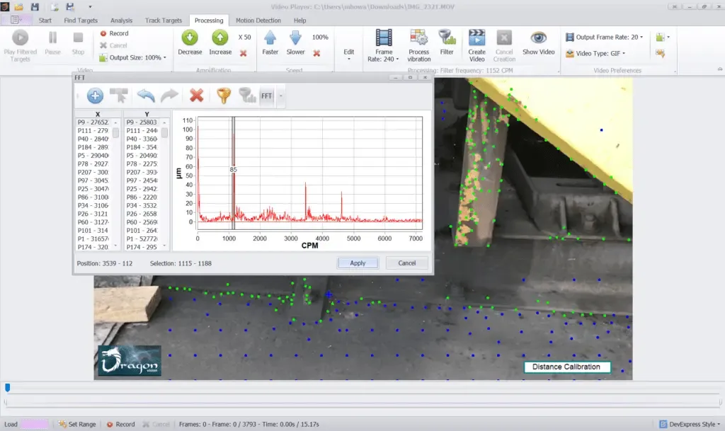 Dragon Vision® Filterpanel zur Auswahl von Frequenzbereichen für die Bewegungsverstärkung im Video-Ablenkungsmodell