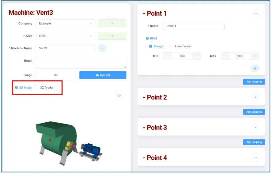 Digivibe MX® Oberfläche mit 3D-Modellzuweisungsoptionen, einschließlich Standardmodellen und benutzerdefinierten Importen aus Solidworks