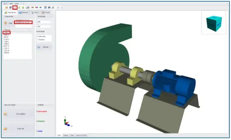 Animierte 3D-ODS-Simulation in Digivibe MX® mit Maschinenauslenkung bei einer ausgewählten Frequenz, mit Wiedergabe- und Exportsteuerungen