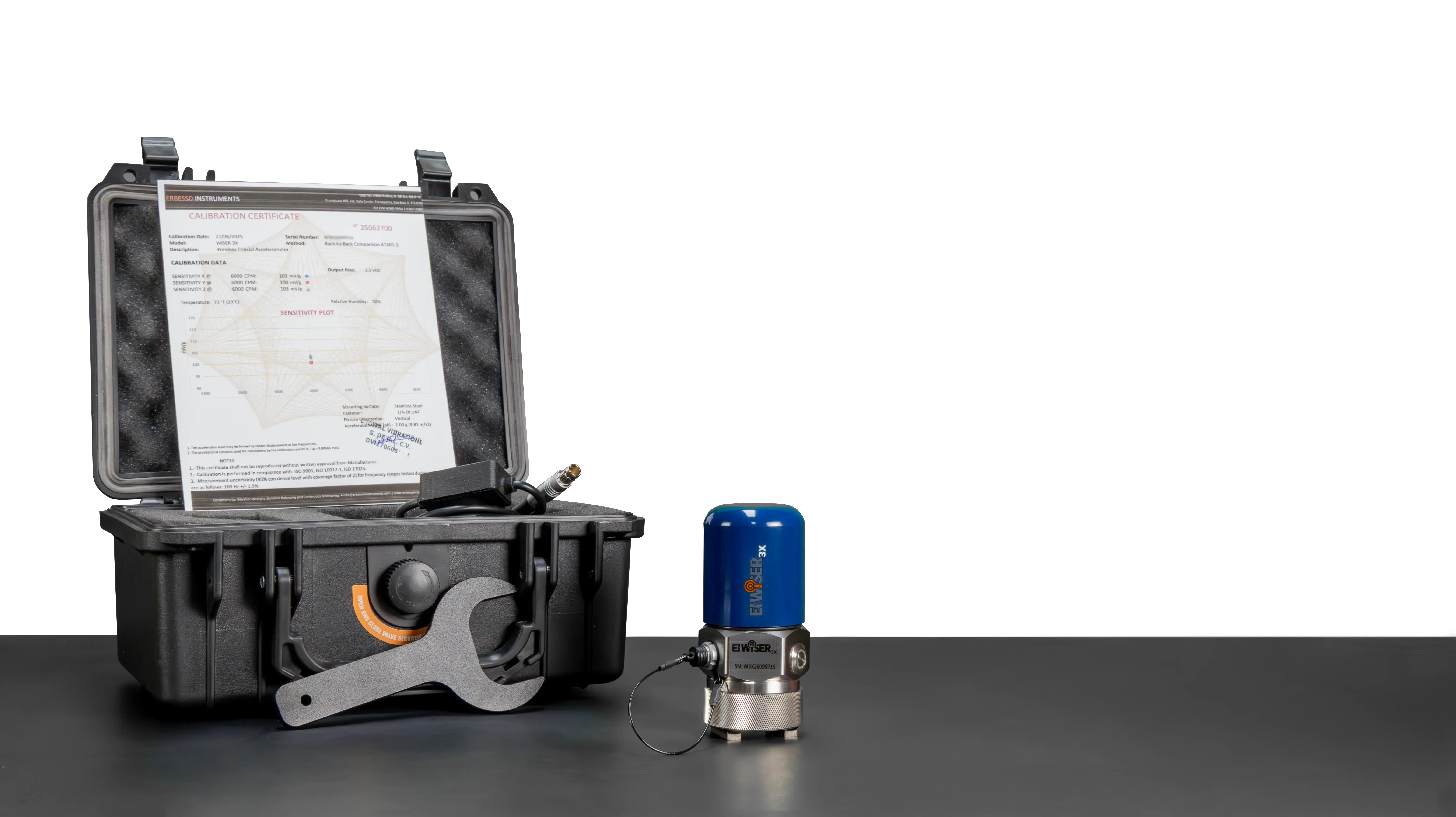 EI WiSER® 3X wireless triaxial accelerometer kit with its case and accessories.