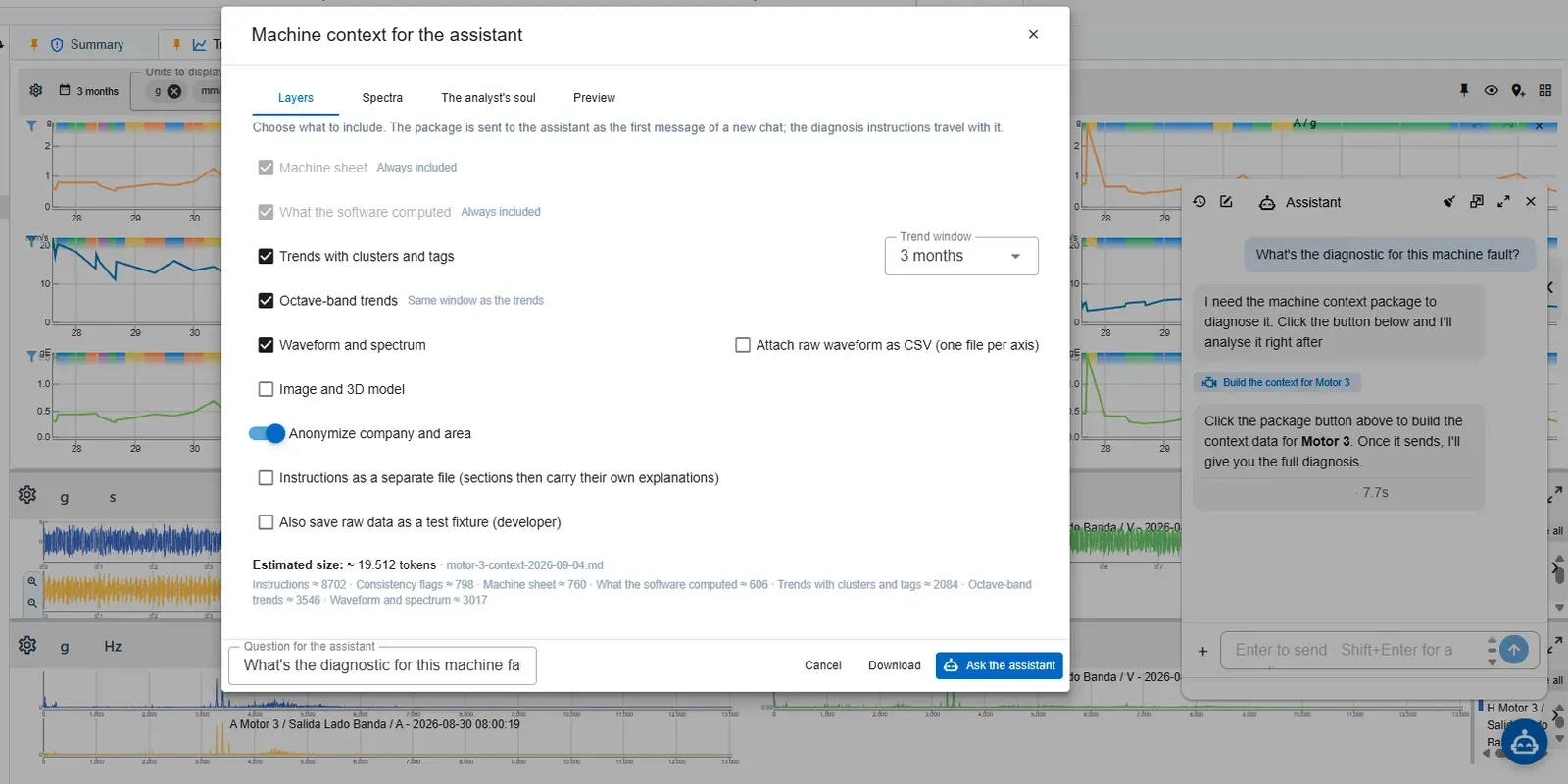 The machine context dialog, with checkboxes for each data layer, an anonymise toggle, and the estimated size of the package broken down by section