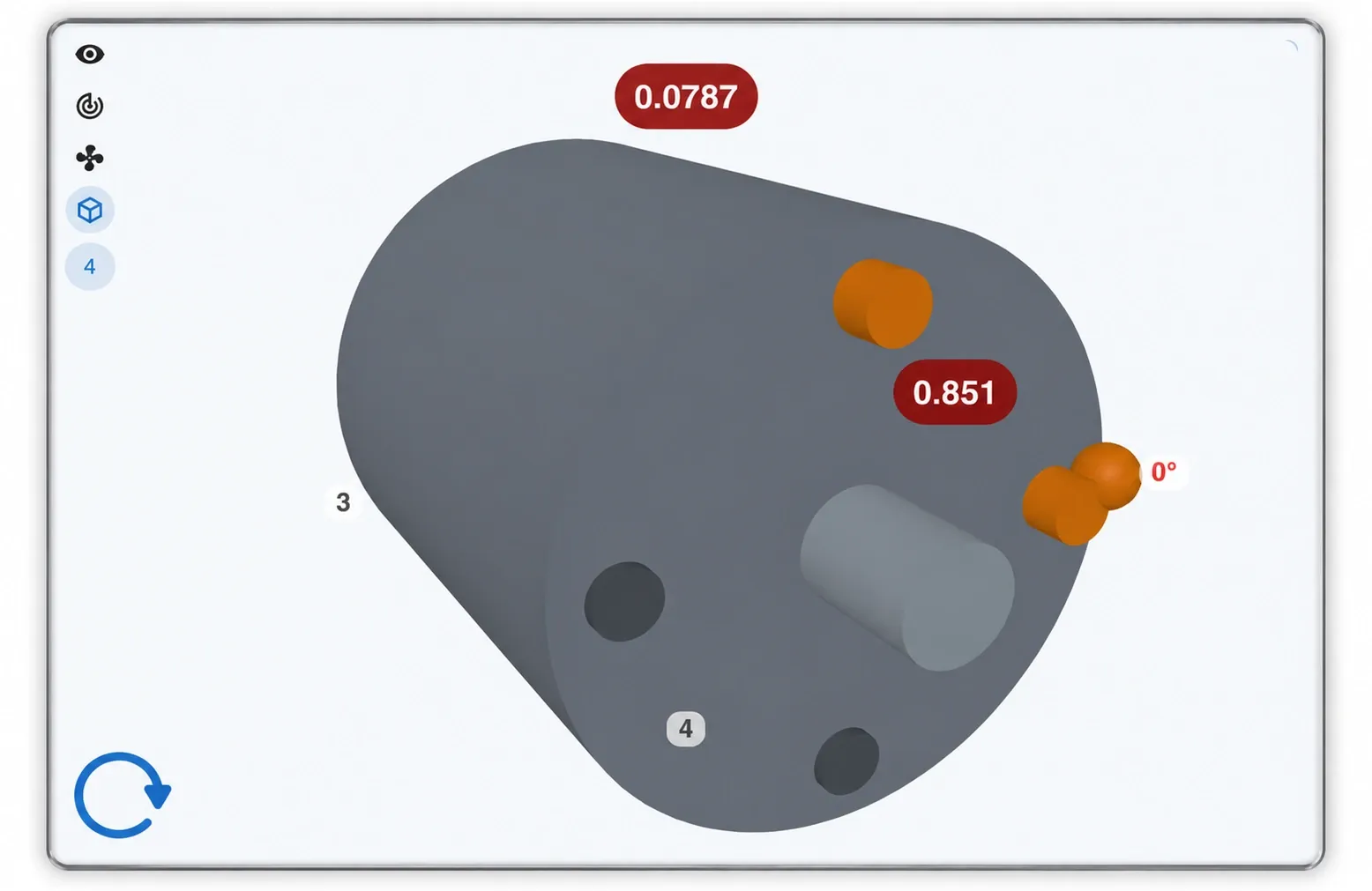 3D view of the same plane on a cylindrical rotor: the two correction masses drawn on the rotor with their values, 0.851 g and 0.0787 g, and the 0° mark on the shaft