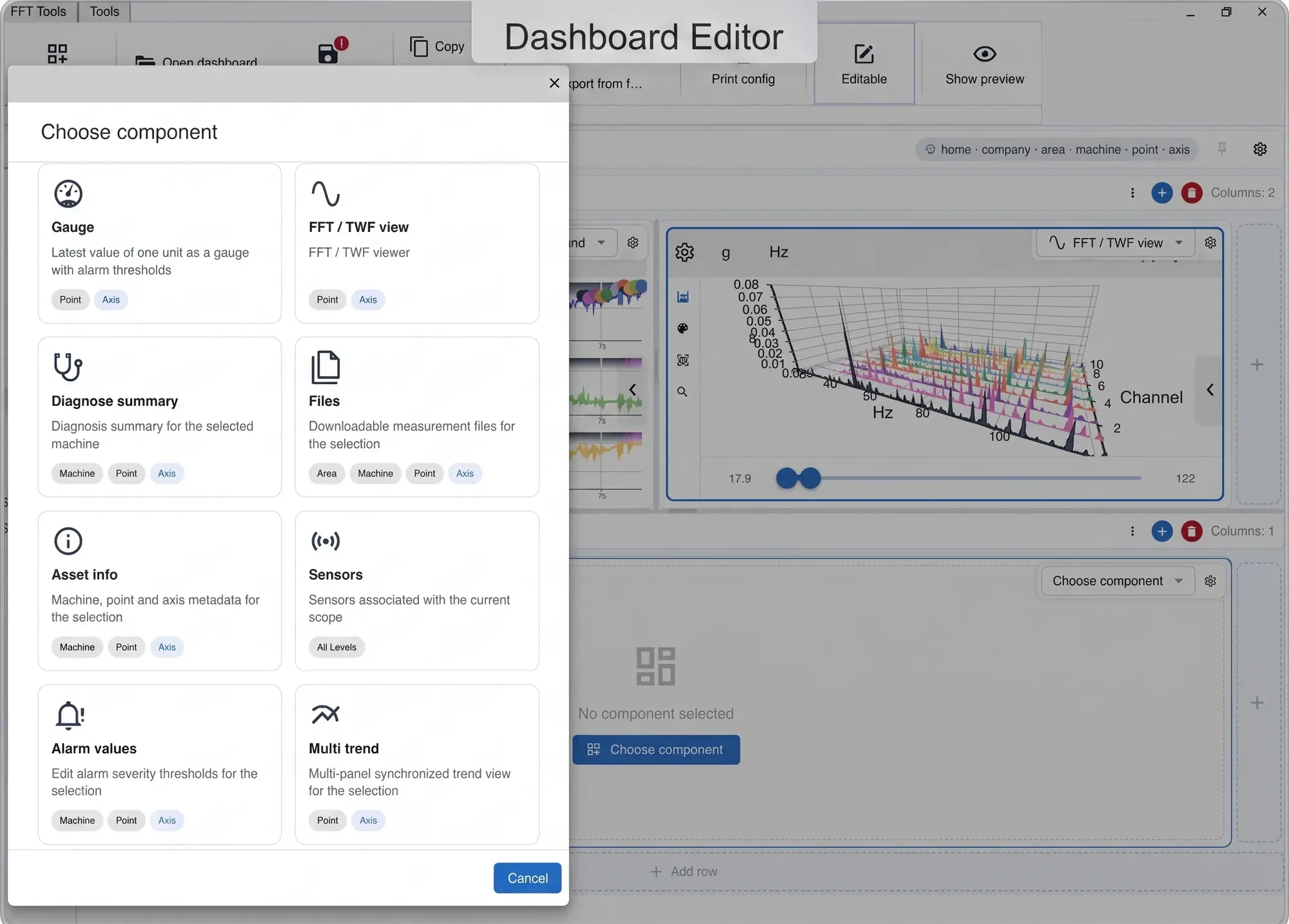 El editor de tableros de Digivibe MX® con el catálogo de widgets abierto: gauge, vista FFT/TWF, resumen de diagnóstico, archivos, información del activo, sensores, valores de alarma y tendencia múltiple, cada uno con los niveles del árbol a los que aplica