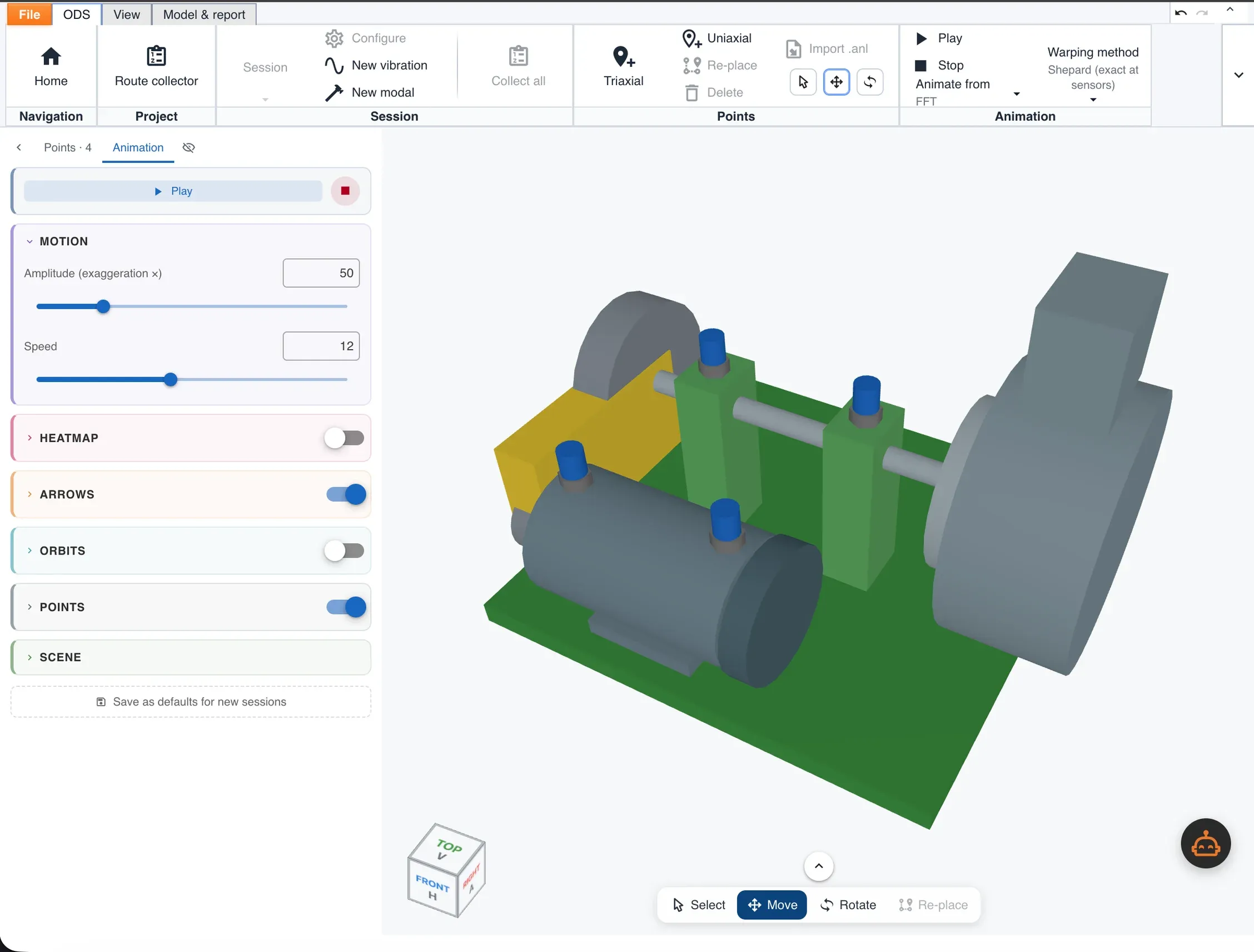 La session ODS construite par Erby, ouverte dans le module ODS : un modèle 3D du moteur, du carter de courroies et du ventilateur avec ses quatre points de mesure triaxiaux déjà placés.
