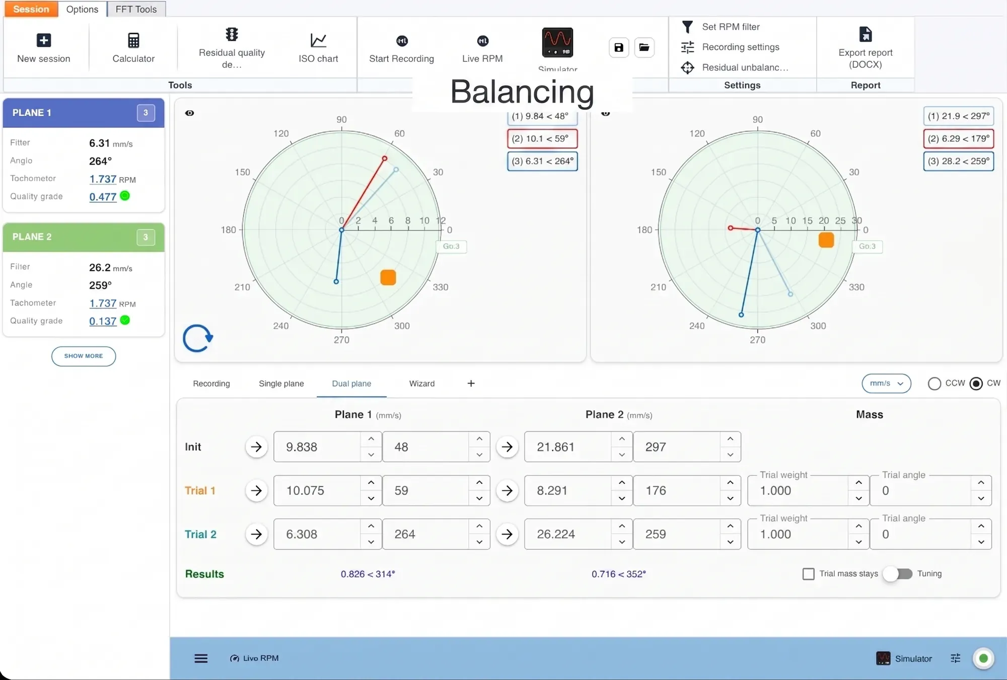 Balanceo en campo a dos planos en Digivibe MX®: un diagrama polar por plano con la lectura inicial y dos corridas de prueba, y un grado de calidad para cada plano