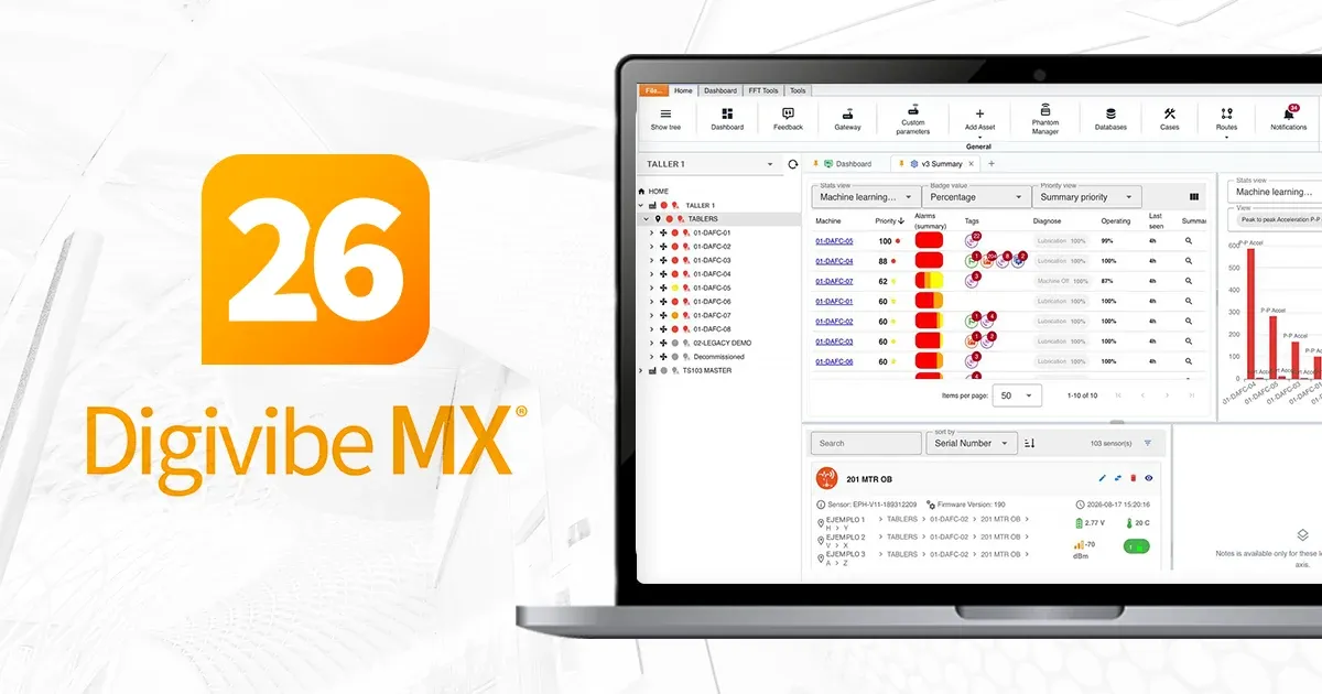 Software de análisis de vibraciones Digivibe MX® mostrando el espectro FFT y la forma de onda de un punto medido