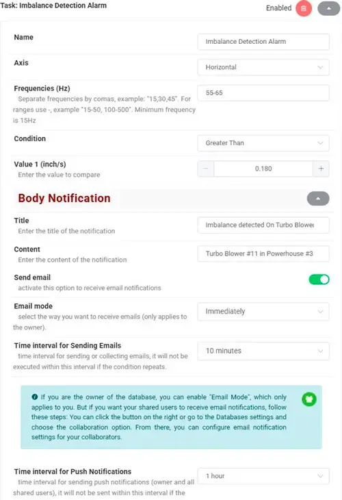 Benachrichtigungsalarm bei Bandanstieg in Digivibe MX® zeigt überschrittenen Schwingungsschwellenwert in einem bestimmten Frequenzbereich zur Früherkennung von Fehlern