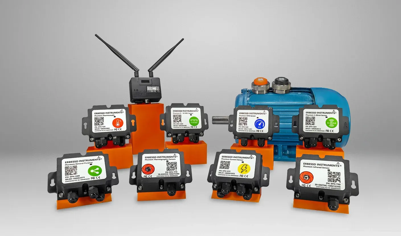 The PHANTOM® family: thermocouple, 0-10 VDC, RPM, 4-20 mA, general purpose, thermographic camera, current and infrared sensors around a PHANTOM® Gateway 2.0 and an electric motor