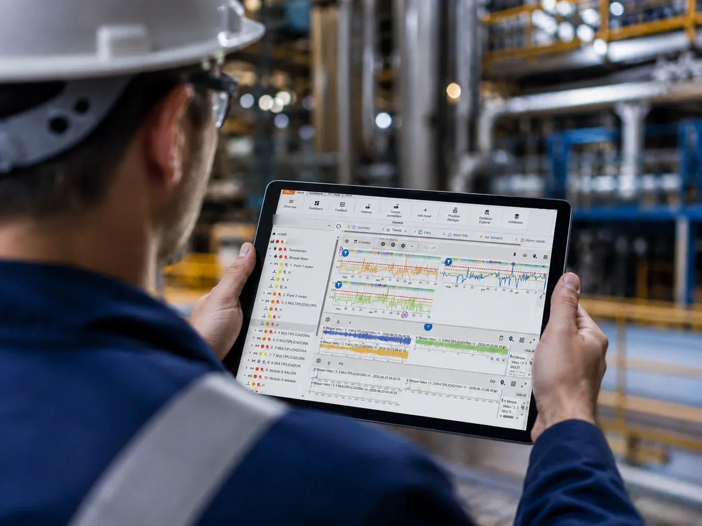 A technician in a hard hat holding a tablet in a process plant, reading three months of vibration trends from PHANTOM® sensors against their alarm thresholds