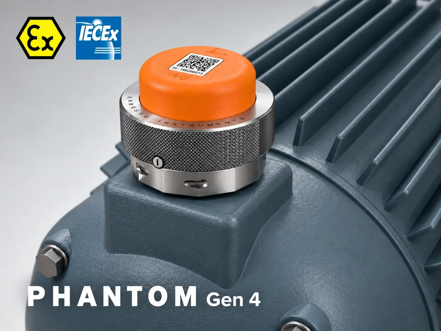 PHANTOM Gen 4 vibration sensor mounted on an electric motor, with Ex and IECEx marks