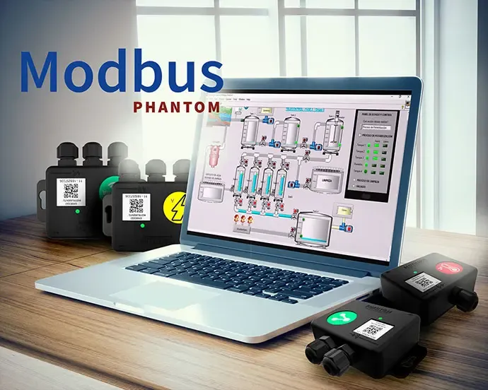 PHANTOM® sensors around a laptop running a SCADA screen, with the Modbus logo