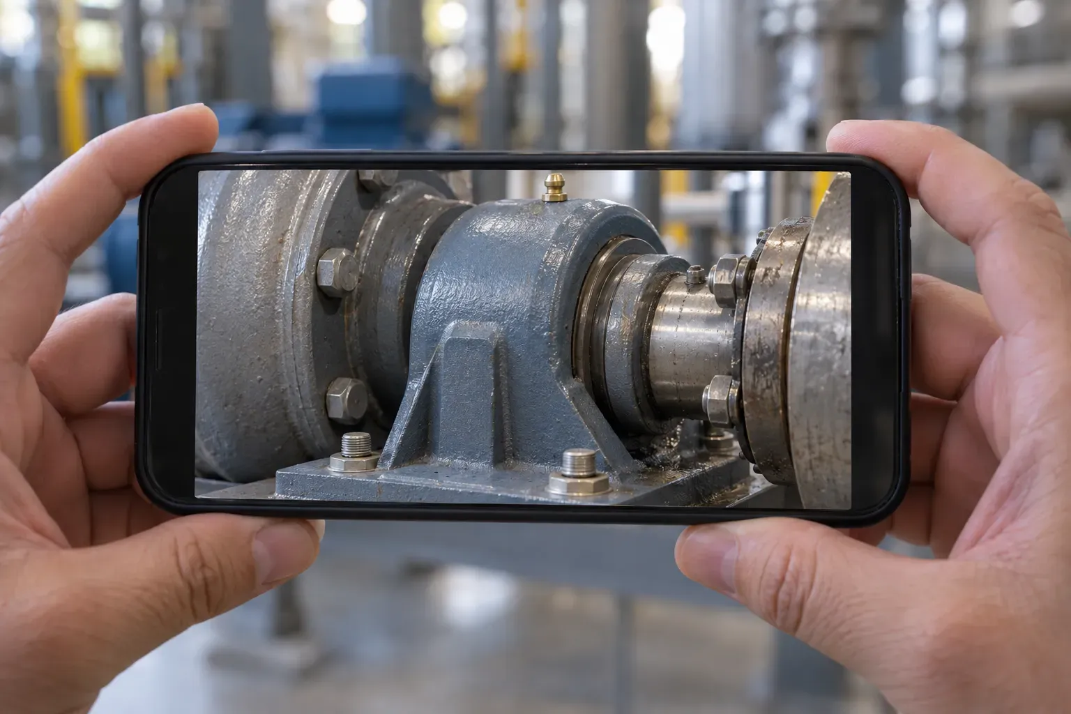 Le même smartphone, cette fois zoomé avec le téléobjectif, de sorte qu'un seul palier et ses boulons remplissent tout l'écran.