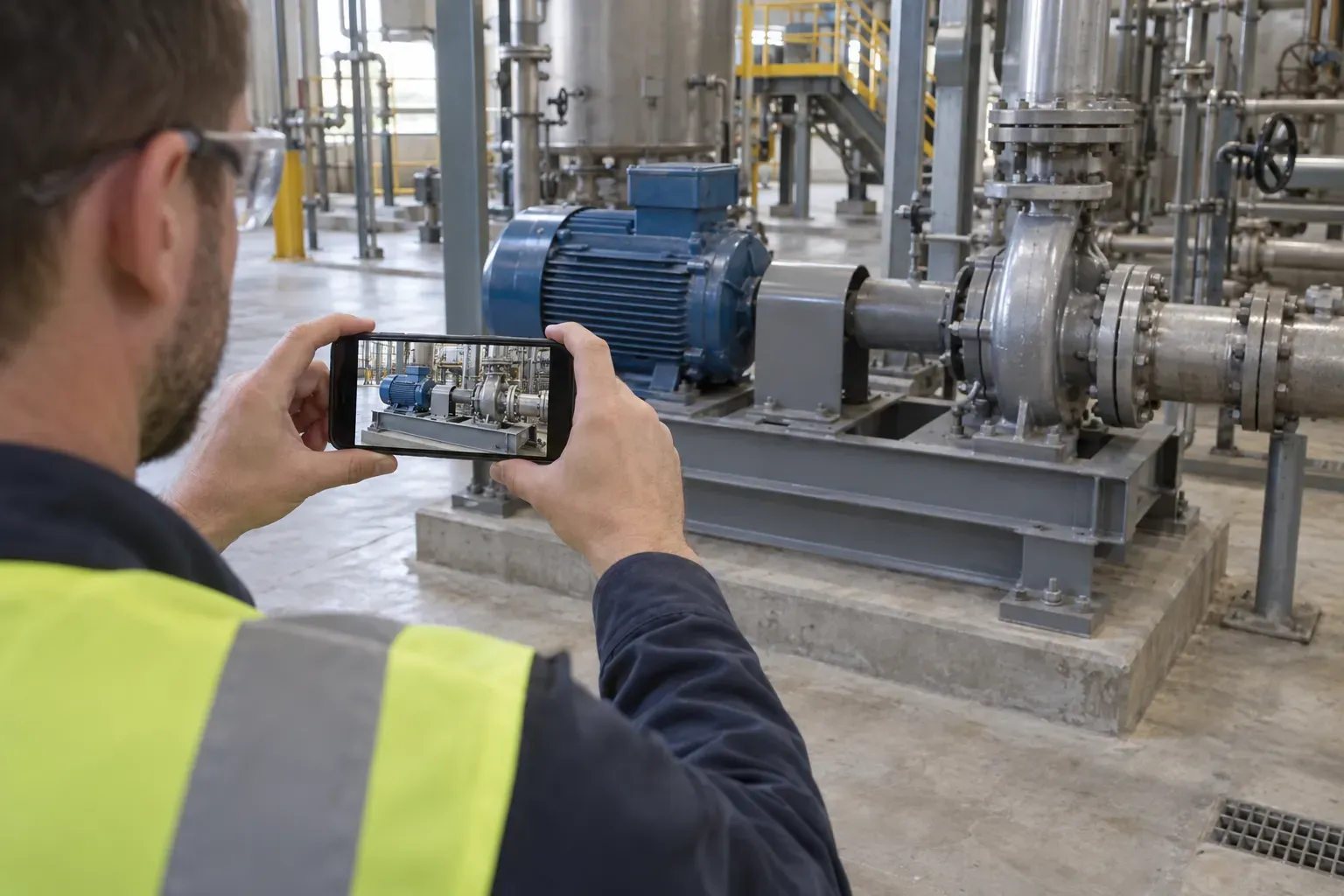 Un technicien en gilet haute visibilité filme un groupe moto-pompe dans une usine avec un smartphone ; l’écran montre la machine entière cadrée.