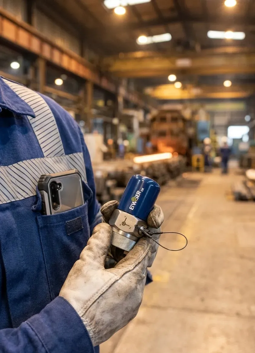 A gloved hand holding a wireless triaxial accelerometer with a magnetic base, with a phone tucked into the chest pocket of the work shirt.