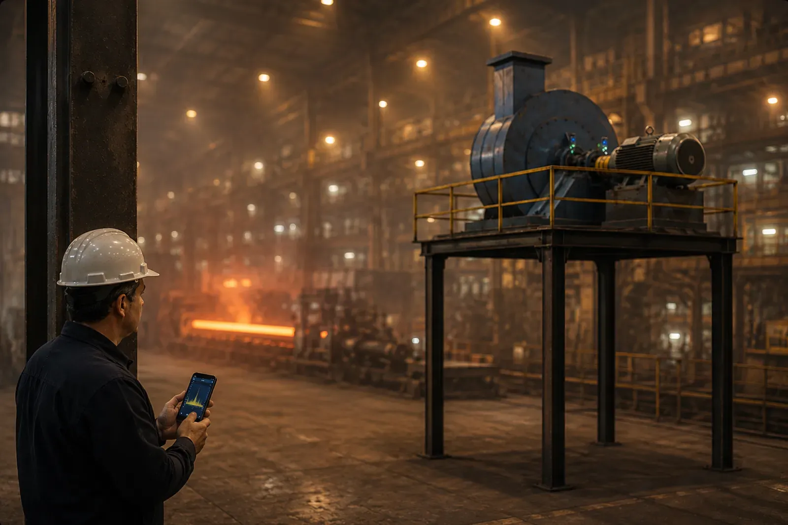 A technician in a hard hat watches from behind a steel column, holding a phone that displays a vibration spectrum, while an industrial fan runs on an elevated platform fitted with wireless sensors.